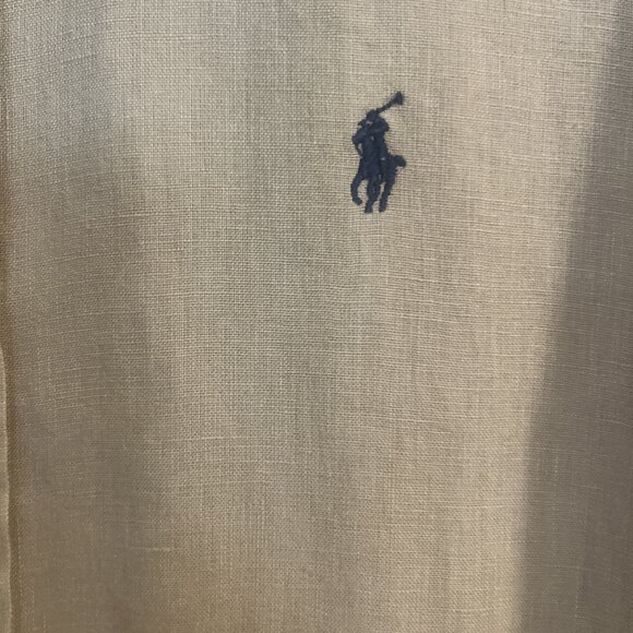 Ralph Lauren L Large Linen Blake Button Down Shirt Men Khaki Short Sleeve Logo - Picture 2 of 9